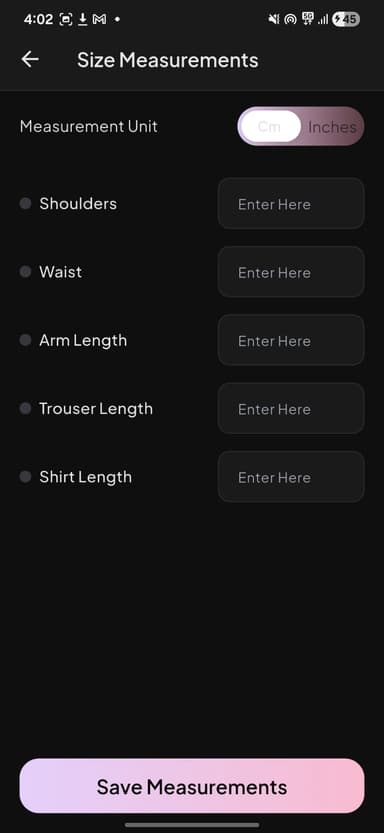 Set your size/measurements.